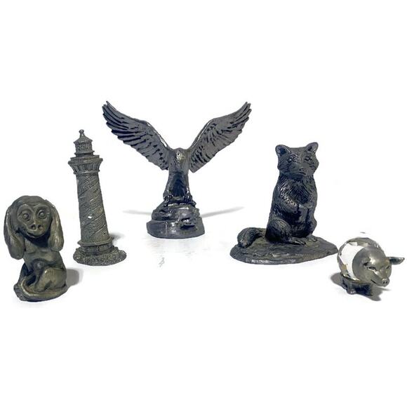 Pewter Figurines Lot of 5 American Eagle Raccoon Lighthouse Monkey Pig - Picture 1 of 10